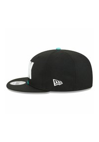 Black cap with a flat brim, featuring white stitched letters on the front, a teal button on top, and a logo on the side.