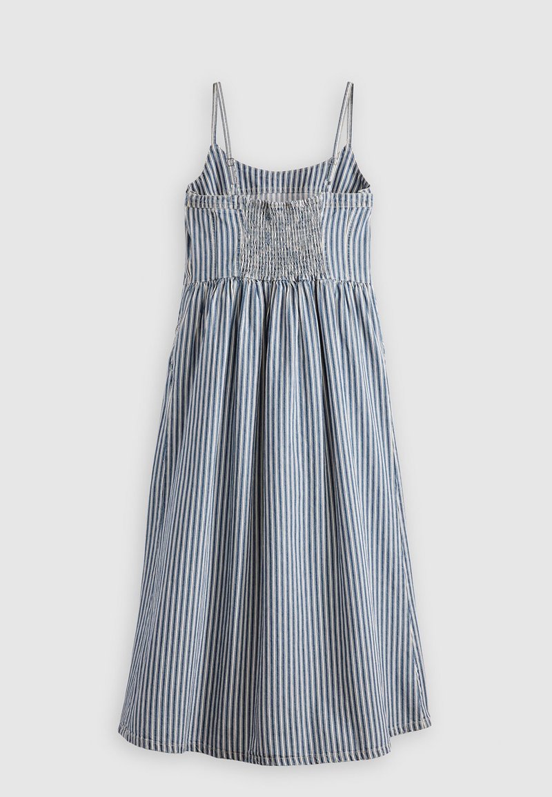 Robe d'été rayée avec des bretelles fines, présentant un corsage smocké et une jupe évasée. Les couleurs incluent des rayures verticales bleu et blanc. Matériau en coton.