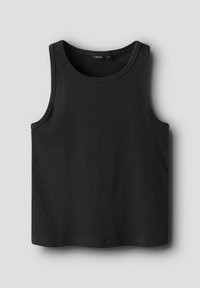 Débardeur noir côtelé avec un col rond et de larges bretelles, fabriqué à partir d'un tissu doux et extensible. Pas de motifs ou de matériel notable.