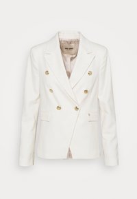 Blazer bianco doppiopetto con bottoni dorati, colletto a revers, maniche lunghe e tasche a patta sul davanti.