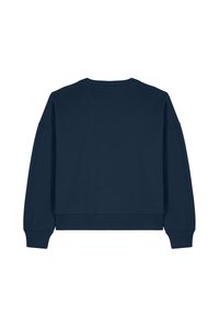 Marineblauw sweatshirt met ronde hals en lange, brede mouwen, en een geribde zoom. Zacht katoen met een gladde textuur en een minimalistisch ontwerp.