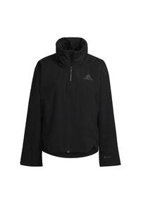Zwarte lichtgewicht jas met een hoge kraag, een volledige ritssluiting aan de voorkant en een subtiele Adidas-logo. De jas heeft lange mouwen en zijzakken.