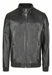 Chaqueta de cuero negra con cuello alto, cierre frontal con cremallera, dos bolsillos laterales, puños acanalados y cinturilla. Textura suave y diseño clásico.