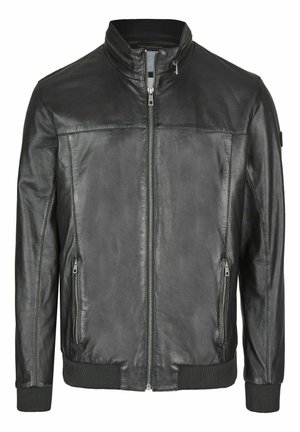 Schwarze Lederjacke mit Stehkragen, durchgehendem Reißverschluss, zwei seitlichen Taschen, gerippten Bündchen und Saum. Glatte Textur und klassisches Design.