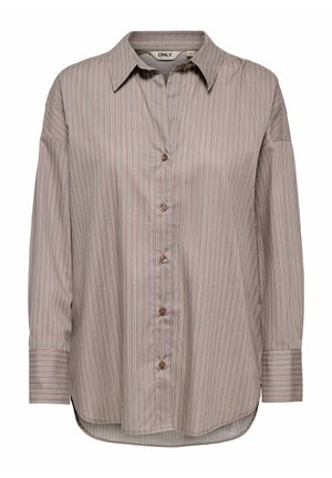 Chemise à manches longues à rayures marron, boutonnée avec col et manches retroussées, étiquetée "ONLY" sur l'étiquette intérieure du col.