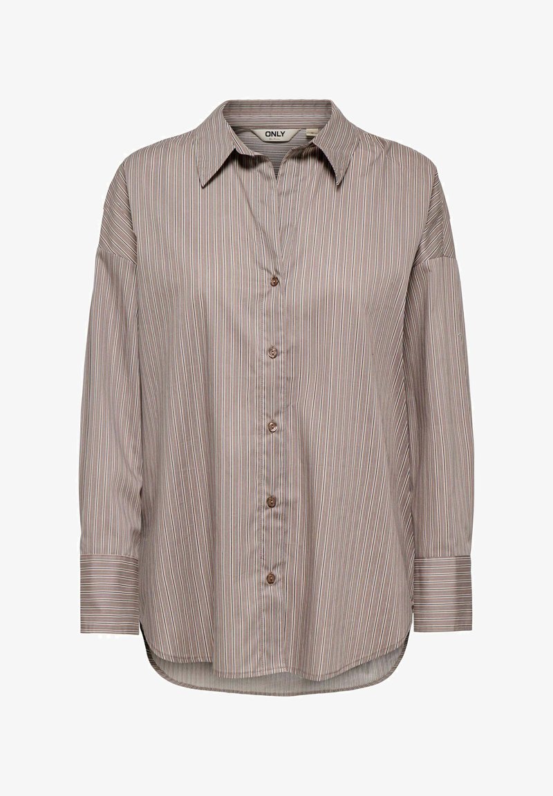 Hnedá pruhovaná košeľa s dlhým rukávom na gombíky, golierom a manžetovými rukávmi, so štítkom „ONLY“ na vnútornej strane krku.