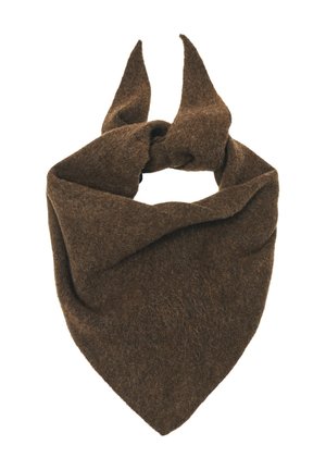Écharpe triangulaire en laine marron avec deux extrémités pointues nouées formant un nœud, présentée sur un fond blanc.