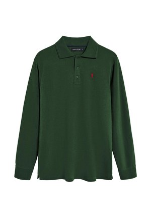 Koszula polo z długim rękawem w ciemnozielonym kolorze z bawełny. Posiada złożony kołnierz, zapięcie na trzy guziki oraz małe czerwone logo na klatce piersiowej.
