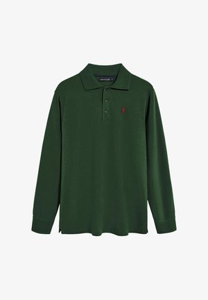Langærmet polo skorte i mørkegrøn bomuld. Har en foldet krave, tre-knaps placket og et lille rødt logo på brystet.