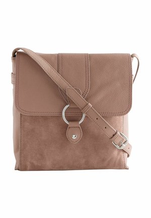 Taupe crossbody bag with textured leather flap, suede body, silver ring detail, and adjustable strap with buckle on white background.