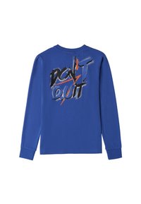 Langärmliges blaues Shirt mit einem grafischen Design auf der Rückseite, das den Text "GIB NICHT AUF" in Schwarz und Orange zeigt, mit strukturierten Farbakzenten.