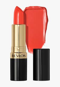 Rouge à lèvres rouge dans un étui doré et noir, avec une texture lisse et brillante. Accompagné d'un échantillon de couleur rouge assortie.