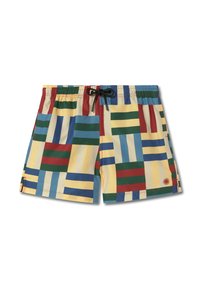 Bañador con un patrón geométrico multicolor en azul, verde, rojo, amarillo y crema, con una cintura elástica y un cordón negro.