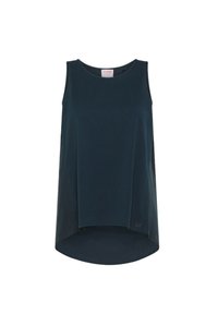 Top senza maniche in tessuto leggero di colore blu navy, con scollatura rotonda e orlo leggermente curvo. Piccola etichetta con logo vicino al fondo.