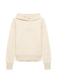 Hoodie color crema realizzato in morbido tessuto, con logo frontale e cappuccio con coulisse. Le maniche e l'orlo sono a coste per aggiungere texture.
