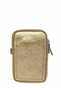 Sac en simili cuir doré avec une finition texturée, forme rectangulaire, fermeture éclair et détail de poche avant. Design compact et élégant.