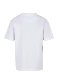Hvitt bomull t-skjorte, korte ermer, rund hals, enkelt design, ingen mønstre eller grafikk, jevn tekstur, rett kant. Bakside.