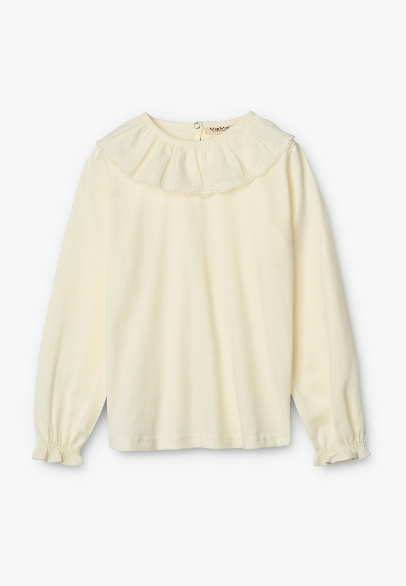 Camicia a maniche lunghe di colore crema, realizzata in morbido cotone. Presenta un colletto arricciato con bordi scallop e polsini elasticizzati. Chiusura posteriore con bottone.