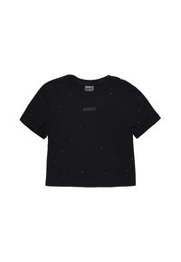 T-shirt nera corta realizzata in morbido cotone, decorata con piccoli rivetti argentati, con un LOGO sul petto, scollatura rotonda e maniche corte.