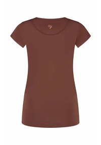 T-shirt marron pour femmes, cintré, manches courtes, avec encolure ronde et une petite broderie cursive "Ug" près du col arrière.
