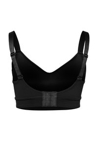 Schwarzer kabelloser BH mit verstellbaren Satinträgern, glattem Stofffinish und Haken-Ösen-Verschluss am Rücken für sicheren Sitz.