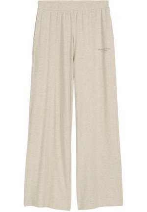 Pantalones de descanso beige de pierna ancha con cintura elástica y pequeño logo "Marc O'Polo" en la cadera derecha.