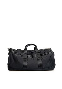 Sac de sport noir en tissu léger et texturé. Comprend deux poignées supérieures et une bandoulière amovible. Fermeture zippée.