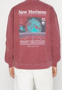 Mörkröd sweatshirt med en grafisk bild av en blågrön planet, rutmönster och texten "New Horizons" och "FIRST EDITION" på baksidan.