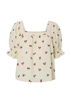 Crème blouse met vierkante halslijn, korte pofmouwen en verspreide kersenprint. Bevat textuurstof en gekartelde zoomdetails.