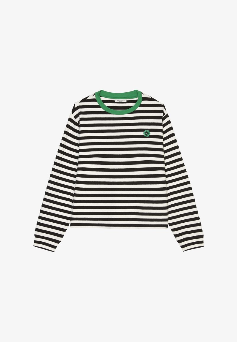 Camicia a maniche lunghe a righe con strisce bianche e nere, colletto a coste verde e un piccolo dettaglio floreale ricamato verde.