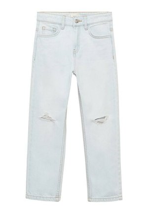 Ljusblå denimjeans med raka ben, slitna fläckar på knäna samt standard fram- och bakfickor.
