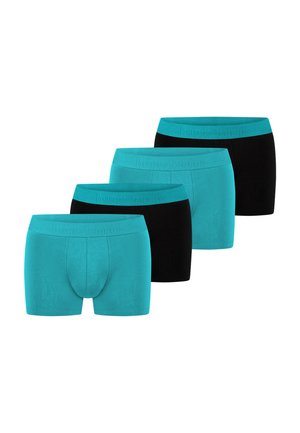 Four men's boxer briefs in alternating turquoise and black with matching turquoise waistbands, arranged in a staggered row on white background.
