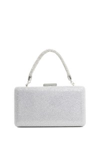 Clutch bag in silver with a rectangular shape, covered in rhinestones, featuring a textured surface and a braided handle with metallic accents.