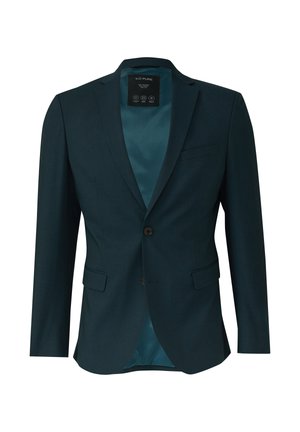 Türkiser Blazer mit schickem Design, featuring eine einreihige Front, zwei seitliche Taschen und ein kontrastierendes Innenfutter.