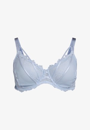 Šviesiai mėlynas liemenukas su nėriniais, minkštomis puodeliais, kryžminėmis petnešomis, reguliuojamomis satino juostomis ir banguotais kraštais, suteikiančiais subtilų vaizdą.