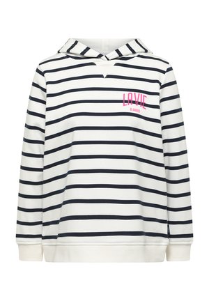 Sweat à capuche blanc avec des rayures horizontales noires, texte rose "LA VIE À PARIS" sur la poitrine, poignets et ourlet côtelés, et capuche attachée.