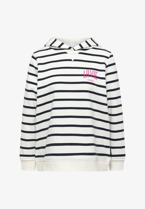 Sweat à capuche blanc avec des rayures horizontales noires, texte rose "LA VIE À PARIS" sur la poitrine, poignets et ourlet côtelés, et capuche attachée.