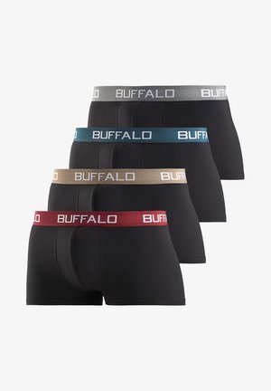 Czarne bokserki z bordową gumką z napisem "BUFFALO". Materiał jest gładki, dopasowany do ciała i ma konturowaną przednią kieszeń.