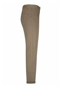 Beige cotton blend pants with a slim fit, featuring a rolled hem, standard pockets, and a leather label on the waistband.