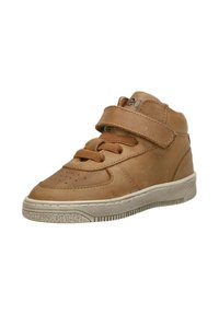 Bruine leren high-top sneakers met een klittenbandsluiting en veters. Bevat perforaties op de neus en een gestructureerde rubberen zool.