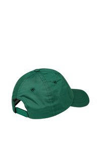 Grøn bomulds baseball cap med buet skygge, justerbar snapback og ventilationshuller. Glat tekstur, minimalistisk design.