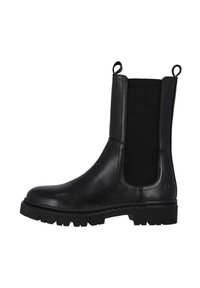 Bottes Chelsea noires en cuir avec des panneaux latéraux élastiques, semelle en caoutchouc et languettes de tirage en haut. Elles présentent une finition lisse avec un bout arrondi.