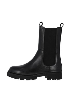 Schwarzer Chelsea-Stiefel aus Leder mit elastischen Seitenpaneelen, Gummisohle und Zugschlaufen oben. Verfügt über eine glatte Oberfläche und eine abgerundete Zehenpartie.