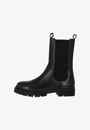Zwarte Chelsea-boot van leer met elastische zijpanelen, rubberen zool en aantreklussen bovenaan. Beschikt over een gladde afwerking met een ronde neus.