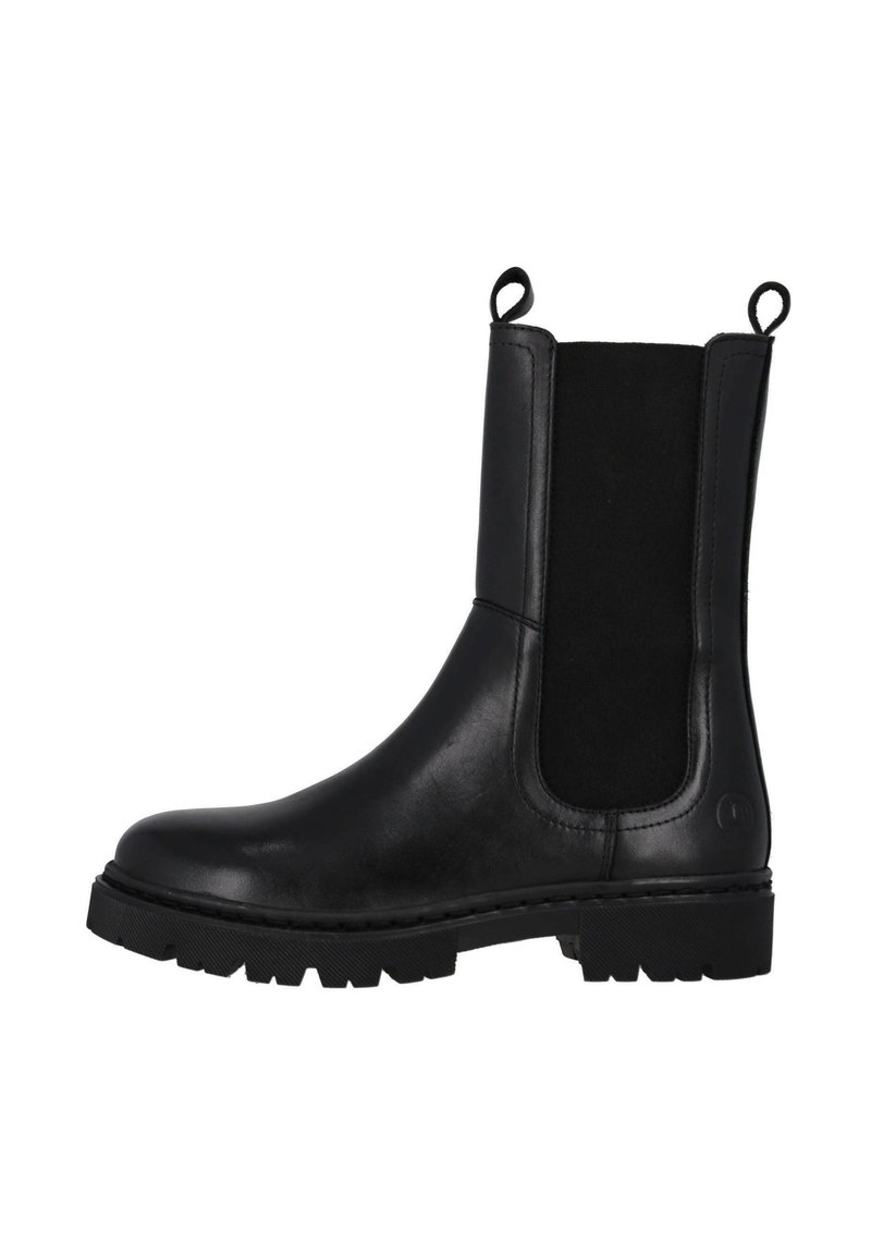 Bottes Chelsea noires en cuir avec des panneaux latéraux élastiques, semelle en caoutchouc et languettes de tirage en haut. Elles présentent une finition lisse avec un bout arrondi.