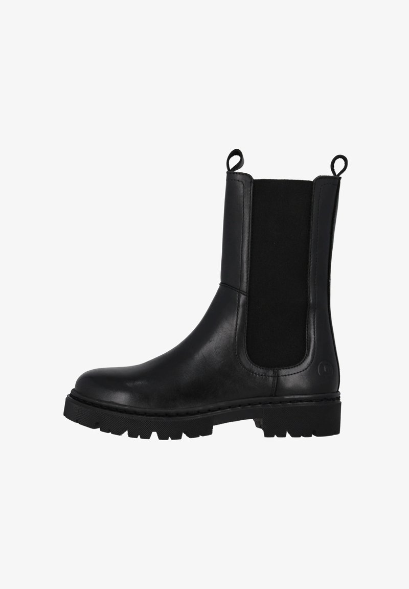 Czarne botki chelsea wykonane ze skóry, z elastycznymi bokami, gumową podeszwą i uchwytami na górze. Charakteryzują się gładkim wykończeniem oraz zaokrąglonym noskiem.