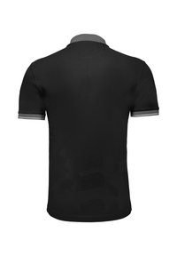 Polo negra con un diseño sólido, cuello acanalado y detalles en gris en las mangas. Textura suave con un corte estándar.