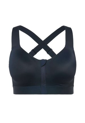 Marineblauwe sportbeha met kruisbanden, een gladde textuur en een sluiting aan de voorkant. Gemaakt van rekbaar materiaal voor comfort en ondersteuning.