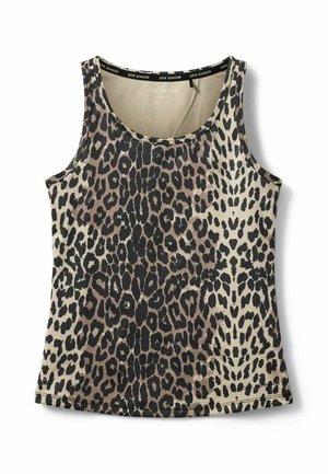 Ærmeløs tanktop med brun og beige leopardprint og rund hals, lagt fladt på en hvid baggrund.