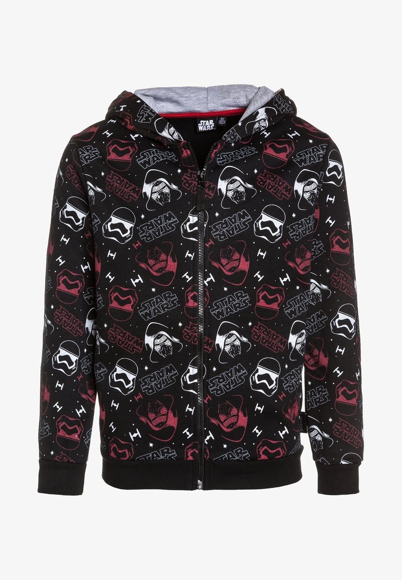 Sweat à capuche zippé noir avec doublure grise à la capuche, recouvert d’un motif de logos et casques de personnages Star Wars rouges, blancs et gris.
